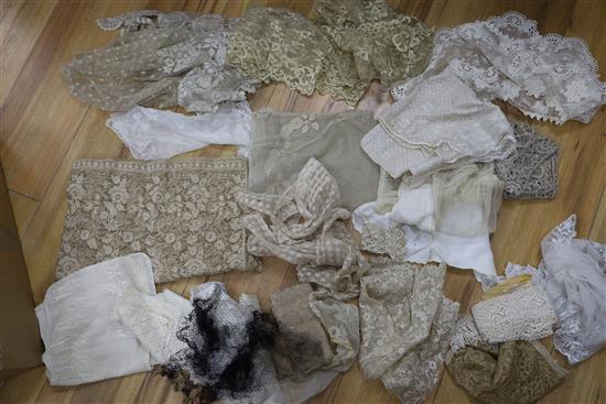 A collection of mostly machine made lace trimmings, collars and veils, from late 19th to early 20th century